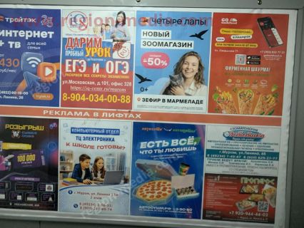 Размещение рекламы в лифтах компании "4 лапы" в городе Муроме